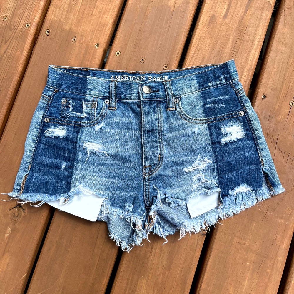 American Eagle Jean Shorts Blue Colorblock Distressed Cut Off Festival Size 2